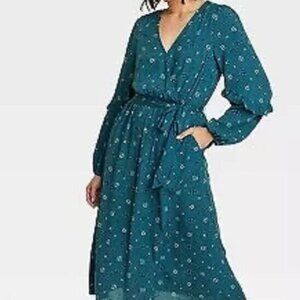 Knox Rose Dress Womens LG Teal Print Ruffled Bishop Sleeve Prairie Cottagecore